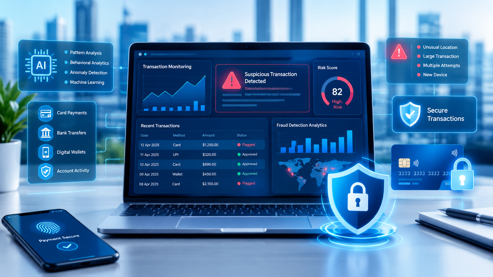 Fraud detection system monitoring suspicious financial transactions and digital payment activity